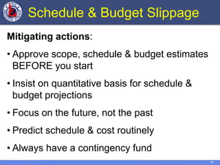 19
Schedule & Budget Slippage
Mitigating actions:
• Approve scope, schedule & budget estimates
BEFORE you start
• Insist on quantitative basis for schedule &
budget projections
• Focus on the future, not the past
• Predict schedule & cost routinely
• Always have a contingency fund
 