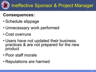 24
Ineffective Sponsor & Project Manager
Consequences:
• Schedule slippage
• Unnecessary work performed
• Cost overruns
• Users have not updated their business
practices & are not prepared for the new
product
• Poor staff morale
• Reputations are harmed
 