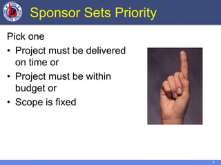 9
Sponsor Sets Priority
Pick one
• Project must be delivered
on time or
• Project must be within
budget or
• Scope is fixed
 