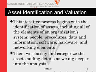 Transfo rm ing Live s. Inve nting the Future .
www.iit.edu
ITM 578 13
ILLINOIS INSTITUTE OF TECHNOLOGY
Asset Identification and Valuation
This iterative process begins with the
identification of assets, including all of
the elements of an organization’s
system: people, procedures, data and
information, software, hardware, and
networking elements
Then, we classify and categorize the
assets adding details as we dig deeper
into the analysis
 