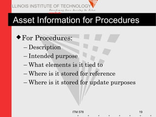 Transfo rm ing Live s. Inve nting the Future .
www.iit.edu
ITM 578 19
ILLINOIS INSTITUTE OF TECHNOLOGY
Asset Information for Procedures
For Procedures:
– Description
– Intended purpose
– What elements is it tied to
– Where is it stored for reference
– Where is it stored for update purposes
 