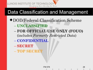Transfo rm ing Live s. Inve nting the Future .
www.iit.edu
ITM 578 28
ILLINOIS INSTITUTE OF TECHNOLOGY
Data Classification and Management
DOD/Federal Classification Scheme
– UNCLASSIFIED
– FOR OFFICIAL USE ONLY (FOUO)
(includes Formerly Restricted Data)
– CONFIDENTIAL
– SECRET
– TOP SECRET
 