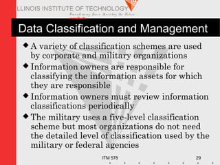 Transfo rm ing Live s. Inve nting the Future .
www.iit.edu
ITM 578 29
ILLINOIS INSTITUTE OF TECHNOLOGY
Data Classification and Management
 A variety of classification schemes are used
by corporate and military organizations
 Information owners are responsible for
classifying the information assets for which
they are responsible
 Information owners must review information
classifications periodically
 The military uses a five-level classification
scheme but most organizations do not need
the detailed level of classification used by the
military or federal agencies
 