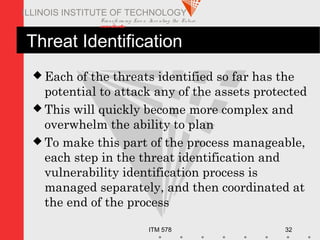 Transfo rm ing Live s. Inve nting the Future .
www.iit.edu
ITM 578 32
ILLINOIS INSTITUTE OF TECHNOLOGY
Threat Identification
 Each of the threats identified so far has the
potential to attack any of the assets protected
 This will quickly become more complex and
overwhelm the ability to plan
 To make this part of the process manageable,
each step in the threat identification and
vulnerability identification process is
managed separately, and then coordinated at
the end of the process
 