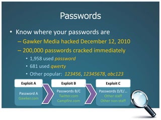 PasswordsKnow where your passwords areGawker Media hacked December 12, 2010200,000 passwords cracked immediately1,958 used password681 used qwertyOther popular:  123456, 12345678, abc123Exploit AExploit BExploit CPassword AGawker.comPasswords B/CTwitter.comCampfire.comPasswords D/E/…Other staffOther non-staff