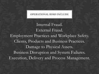 OPERATIONAL RISKS INCLUDE



               Internal Fraud.
               External Fraud.
Employment Practices and Workplace Safety.
  Clients, Products and Business Practices.
         Damage to Physical Assets.
  Business Disruption and System Failures.
Execution, Delivery and Process Management.
 