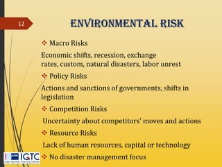 Environmental Risk
 Macro Risks
Economic shifts, recession, exchange
rates, custom, natural disasters, labor unrest
 Policy Risks
Actions and sanctions of governments, shifts in
legislation
 Competition Risks
Uncertainty about competitors’ moves and actions
 Resource Risks
Lack of human resources, capital or technology
 No disaster management focus
12
 