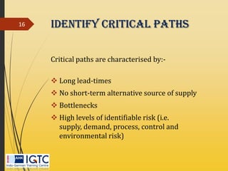 Identify Critical Paths
Critical paths are characterised by:-
 Long lead-times
 No short-term alternative source of supply
 Bottlenecks
 High levels of identifiable risk (i.e.
supply, demand, process, control and
environmental risk)
16
 