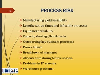 Process Risk
 Manufacturing yield variability
 Lengthy set-up times and inflexible processes
 Equipment reliability
 Capacity shortage/bottlenecks
 Outsourcing key business processes
 Power failure
 Breakdown of machines
 Absenteeism during festive season,
 Problems in IT systems
 Warehouse problems
9
 