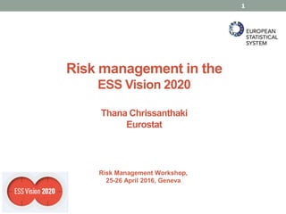 Risk management in the
ESS Vision 2020
Thana Chrissanthaki
Eurostat
Risk Management Workshop,
25-26 April 2016, Geneva
1
 