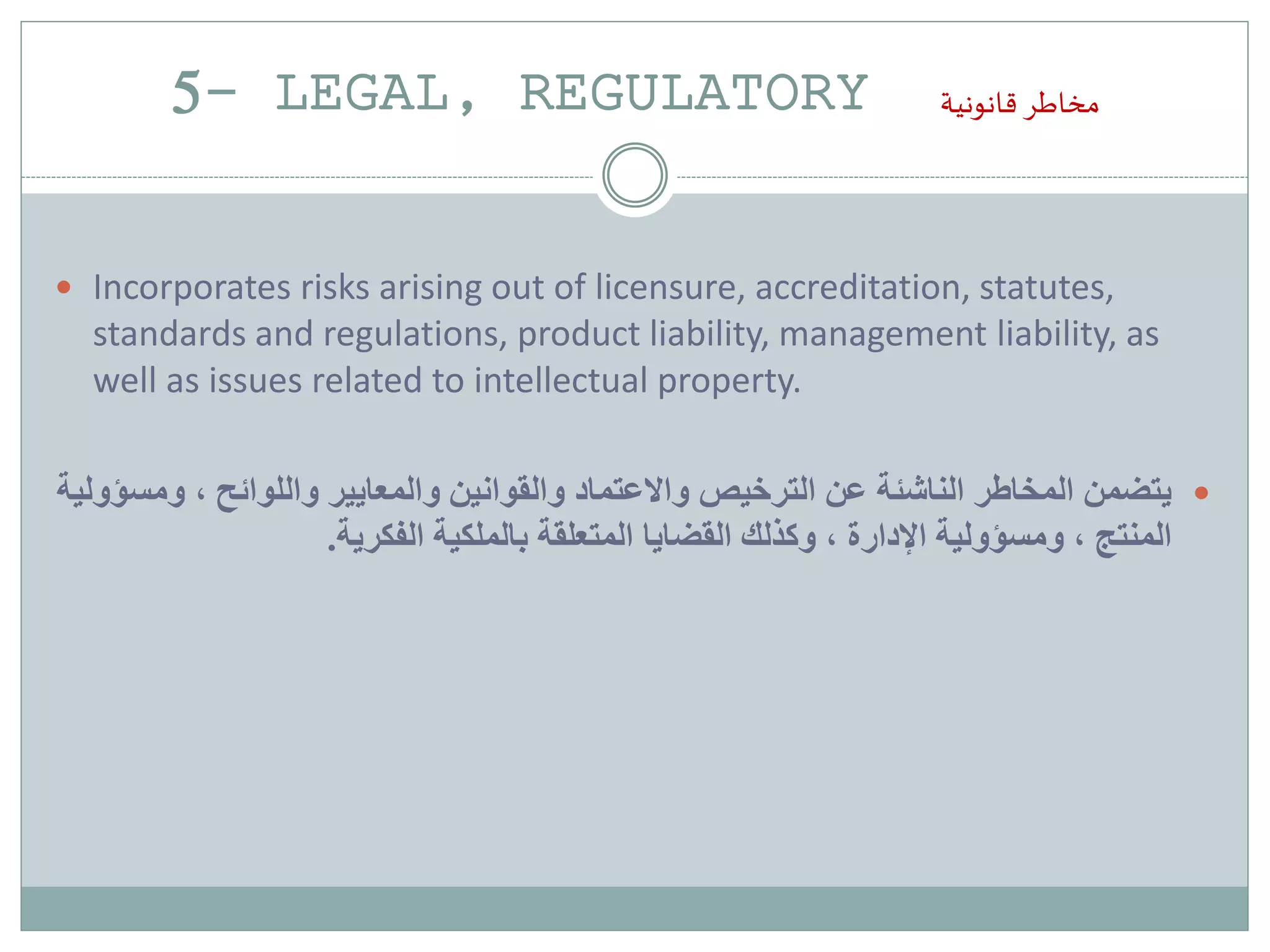 5- LEGAL, REGULATORY ‫قانونية‬ ‫مخاطر‬
 Incorporates risks arising out of licensure, accreditation, statutes,
standards and regulations, product liability, management liability, as
well as issues related to intellectual property.
‫و‬ ، ‫واللوائح‬ ‫والمعايير‬ ‫والقوانين‬ ‫واالعتماد‬ ‫الترخيص‬ ‫عن‬ ‫الناشئة‬ ‫المخاطر‬ ‫يتضمن‬‫مسؤولية‬
‫الفكرية‬ ‫بالملكية‬ ‫المتعلقة‬ ‫القضايا‬ ‫وكذلك‬ ، ‫اإلدارة‬ ‫ومسؤولية‬ ، ‫المنتج‬.
 