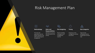 Risk Management Plan
Methodology
The tools and
approaches that the
project intends to use
while performing risk
management...