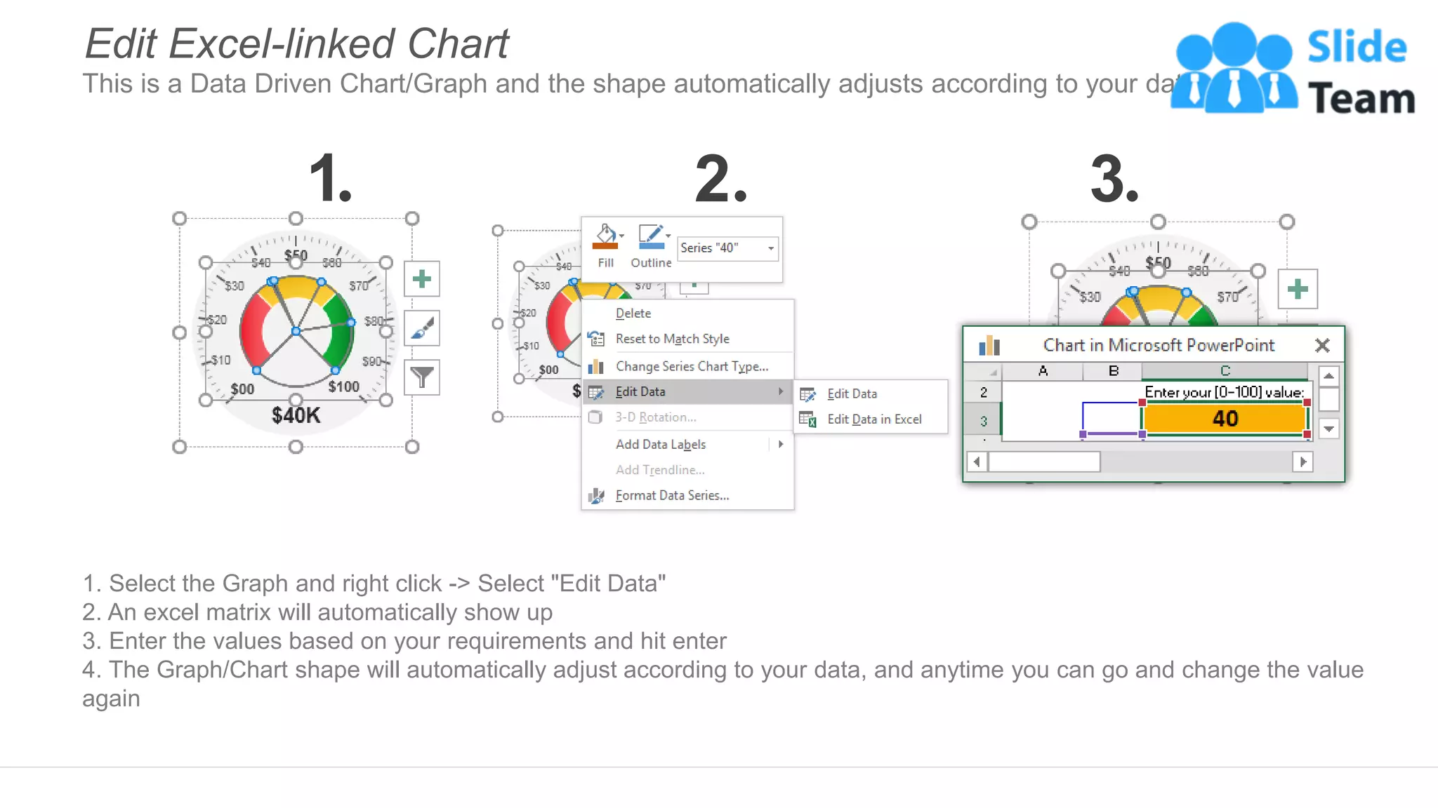 1. Select the Graph and right click -> Select "Edit Data"
2. An excel matrix will automatically show up
3. Enter the values based on your requirements and hit enter
4. The Graph/Chart shape will automatically adjust according to your data, and anytime you can go and change the value
again
Edit Excel-linked Chart
This is a Data Driven Chart/Graph and the shape automatically adjusts according to your data
1 2 3