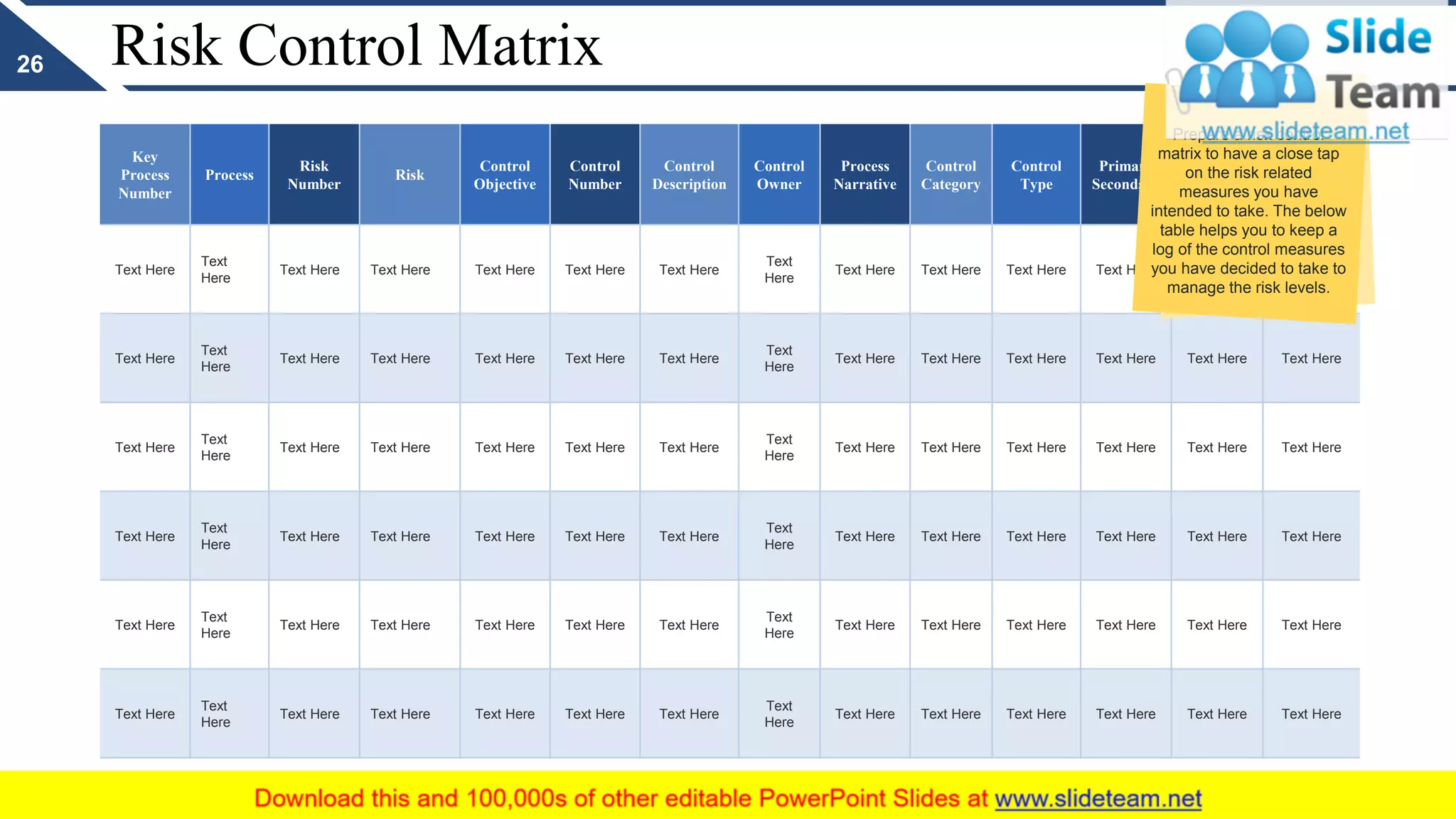 Risk Control Matrix
Key
Process
Number
Process
Risk
Number
Risk
Control
Objective
Control
Number
Control
Description
Control
Owner
Process
Narrative
Control
Category
Control
Type
Primary
Secondary
Control
Frequency
Design
Assessment
Text Here
Text
Here
Text Here Text Here Text Here Text Here Text Here
Text
Here
Text Here Text Here Text Here Text Here Text Here Text Here
Text Here
Text
Here
Text Here Text Here Text Here Text Here Text Here
Text
Here
Text Here Text Here Text Here Text Here Text Here Text Here
Text Here
Text
Here
Text Here Text Here Text Here Text Here Text Here
Text
Here
Text Here Text Here Text Here Text Here Text Here Text Here
Text Here
Text
Here
Text Here Text Here Text Here Text Here Text Here
Text
Here
Text Here Text Here Text Here Text Here Text Here Text Here
Text Here
Text
Here
Text Here Text Here Text Here Text Here Text Here
Text
Here
Text Here Text Here Text Here Text Here Text Here Text Here
Text Here
Text
Here
Text Here Text Here Text Here Text Here Text Here
Text
Here
Text Here Text Here Text Here Text Here Text Here Text Here
26
Prepare a risk control
matrix to have a close tap
on the risk related
measures you have
intended to take. The below
table helps you to keep a
log of the control measures
you have decided to take to
manage the risk levels.
 