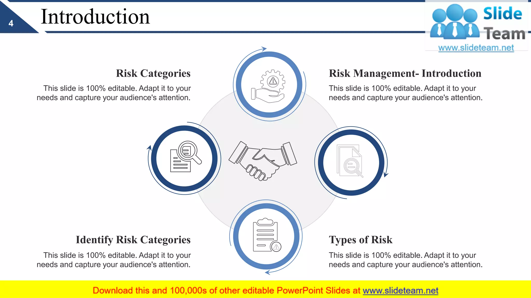 Introduction
Risk Management- Introduction
This slide is 100% editable. Adapt it to your
needs and capture your audience's attention.
Types of Risk
This slide is 100% editable. Adapt it to your
needs and capture your audience's attention.
Risk Categories
This slide is 100% editable. Adapt it to your
needs and capture your audience's attention.
Identify Risk Categories
This slide is 100% editable. Adapt it to your
needs and capture your audience's attention.
4
 