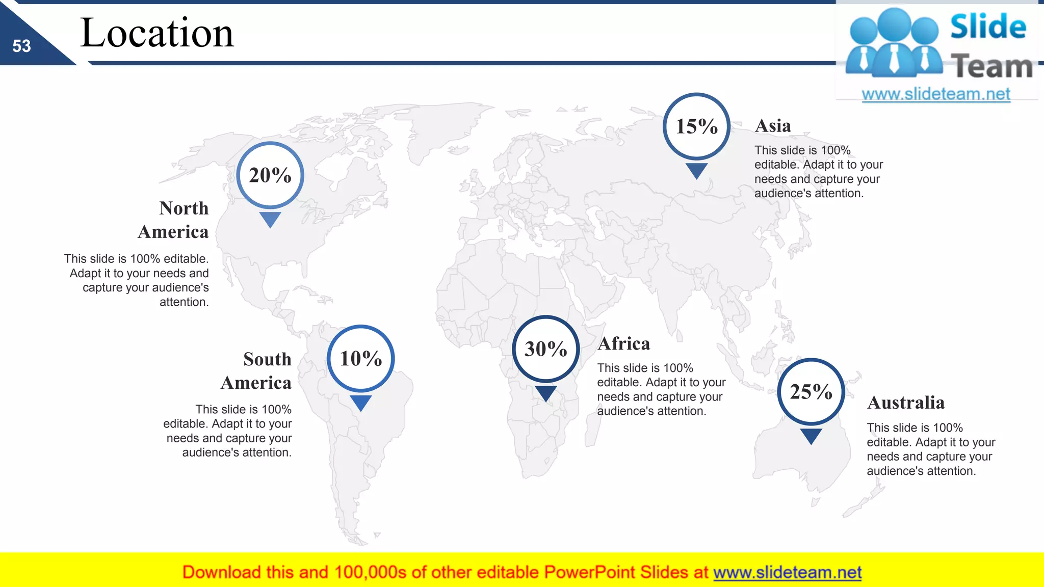 Location
15% Asia
This slide is 100%
editable. Adapt it to your
needs and capture your
audience's attention.
25% Australia
This slide is 100%
editable. Adapt it to your
needs and capture your
audience's attention.
30% Africa
This slide is 100%
editable. Adapt it to your
needs and capture your
audience's attention.
10%South
America
This slide is 100%
editable. Adapt it to your
needs and capture your
audience's attention.
North
America
This slide is 100% editable.
Adapt it to your needs and
capture your audience's
attention.
20%
53
 