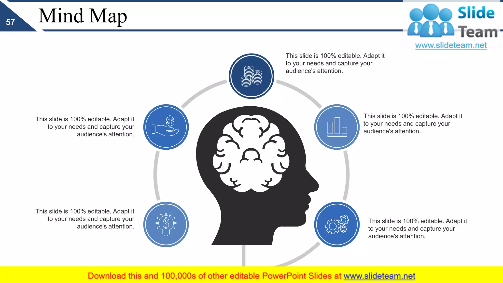 Mind Map
This slide is 100% editable. Adapt it
to your needs and capture your
audience's attention.
This slide is 100% editable. Adapt it
to your needs and capture your
audience's attention.
This slide is 100% editable. Adapt it
to your needs and capture your
audience's attention.
This slide is 100% editable. Adapt it
to your needs and capture your
audience's attention.
This slide is 100% editable. Adapt it
to your needs and capture your
audience's attention.
57
 