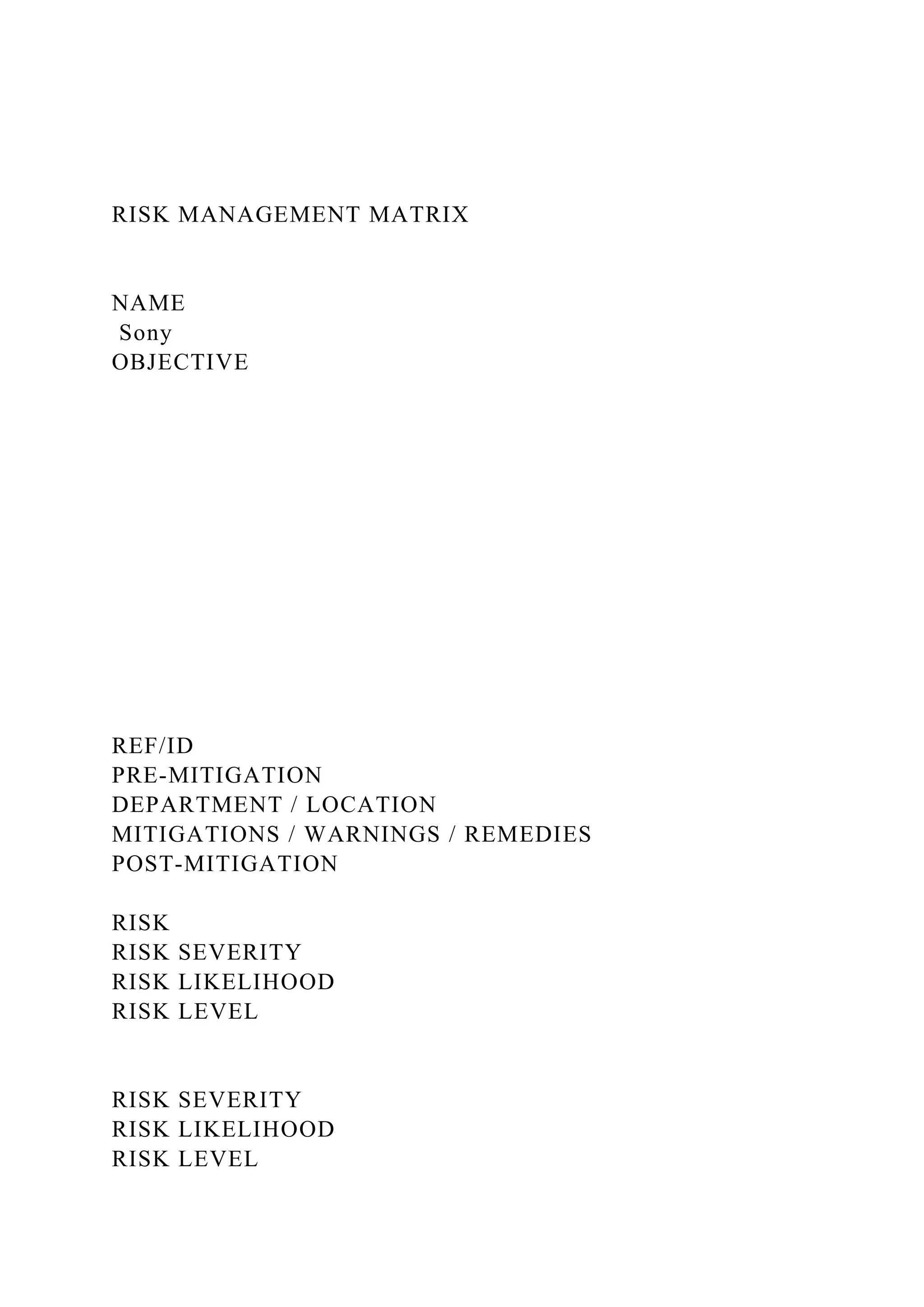 RISK MANAGEMENT MATRIXNAME SonyOBJECTIVE.docx