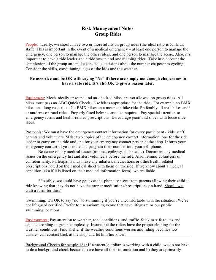 risk management notes from staff meeting for group rides staff meeting notes