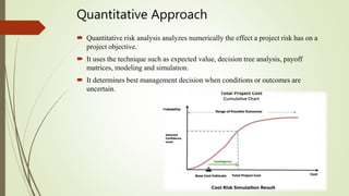 Quantitative Approach
 Quantitative risk analysis analyzes numerically the effect a project risk has on a
project objective.
 It uses the technique such as expected value, decision tree analysis, payoff
matrices, modeling and simulation.
 It determines best management decision when conditions or outcomes are
uncertain.
 