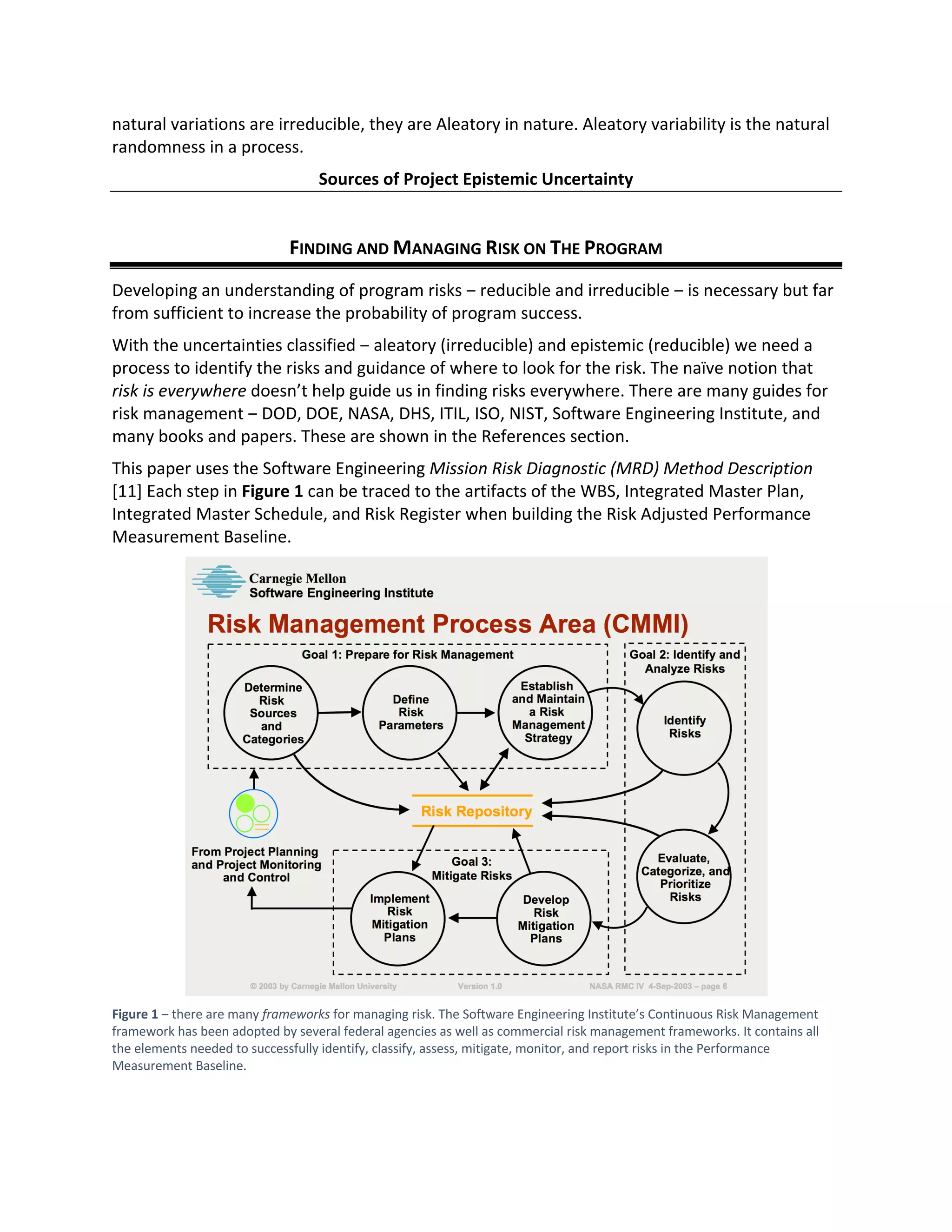 natural variations are irreducible, they are Aleatory in nature. Aleatory variability is the natural
randomness in a process.
Sources of Project Epistemic Uncertainty
FINDING AND MANAGING RISK ON THE PROGRAM
Developing an understanding of program risks ‒ reducible and irreducible ‒ is necessary but far
from sufficient to increase the probability of program success.
With the uncertainties classified ‒ aleatory (irreducible) and epistemic (reducible) we need a
process to identify the risks and guidance of where to look for the risk. The naïve notion that
risk is everywhere doesn’t help guide us in finding risks everywhere. There are many guides for
risk management ‒ DOD, DOE, NASA, DHS, ITIL, ISO, NIST, Software Engineering Institute, and
many books and papers. These are shown in the References section.
This paper uses the Software Engineering Mission Risk Diagnostic (MRD) Method Description
[11] Each step in Figure 1 can be traced to the artifacts of the WBS, Integrated Master Plan,
Integrated Master Schedule, and Risk Register when building the Risk Adjusted Performance
Measurement Baseline.
Figure 1 ‒ there are many frameworks for managing risk. The Software Engineering Institute’s Continuous Risk Management
framework has been adopted by several federal agencies as well as commercial risk management frameworks. It contains all
the elements needed to successfully identify, classify, assess, mitigate, monitor, and report risks in the Performance
Measurement Baseline.
 