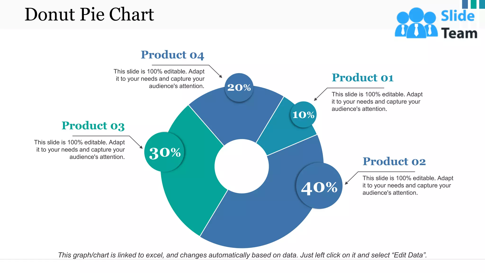 Donut Pie Chart
40%
30%
20%
10%
Product 02
This slide is 100% editable. Adapt
it to your needs and capture your
audience's attention.
Product 01
This slide is 100% editable. Adapt
it to your needs and capture your
audience's attention.
Product 04
This slide is 100% editable. Adapt
it to your needs and capture your
audience's attention.
Product 03
This slide is 100% editable. Adapt
it to your needs and capture your
audience's attention.
This graph/chart is linked to excel, and changes automatically based on data. Just left click on it and select “Edit Data”.
16
 