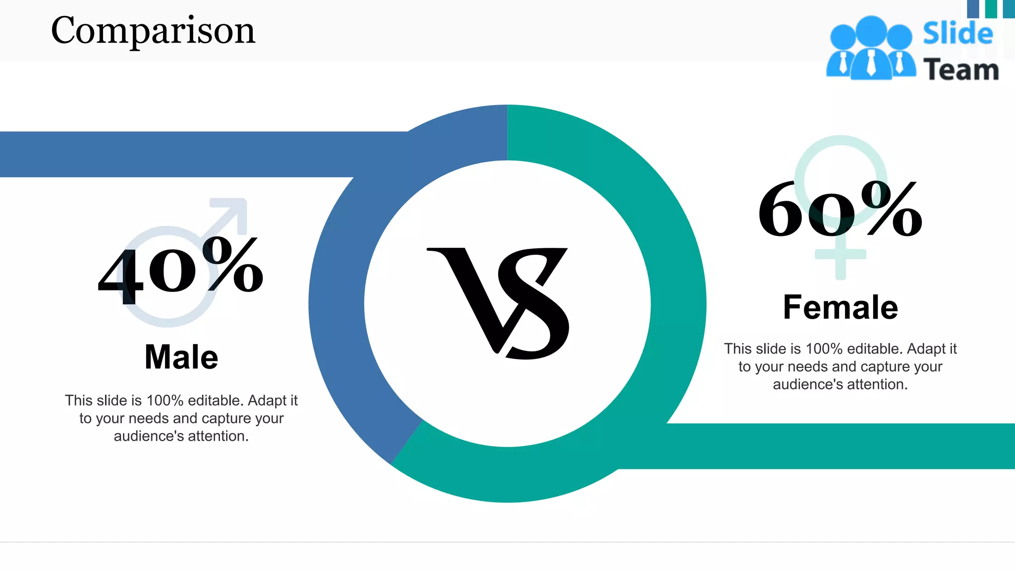 Comparison
40%
This slide is 100% editable. Adapt it
to your needs and capture your
audience's attention.
Male
60%
This slide is 100% editable. Adapt it
to your needs and capture your
audience's attention.
Female
20
 