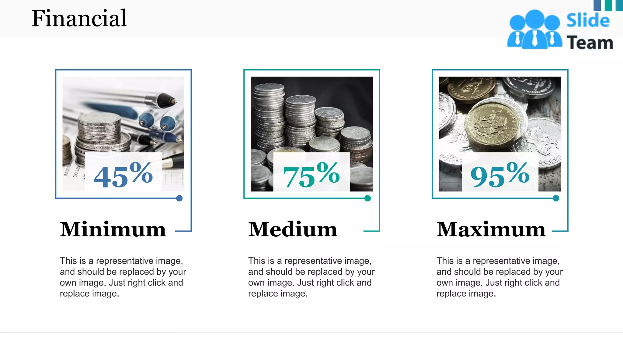 Financial
21
This is a representative image,
and should be replaced by your
own image. Just right click and
replace image.
Minimum
This is a representative image,
and should be replaced by your
own image. Just right click and
replace image.
Medium
This is a representative image,
and should be replaced by your
own image. Just right click and
replace image.
Maximum
45% 75% 95%
 