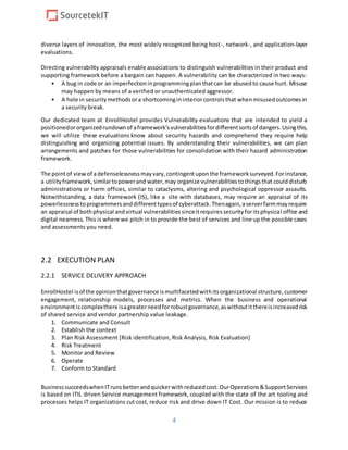 4
diverse layers of innovation, the most widely recognized being host-, network-, and application-layer
evaluations.
Directing vulnerability appraisals enable associations to distinguish vulnerabilities in their product and
supporting framework before a bargain can happen. A vulnerability can be characterized in two ways:
• A bug in code or an imperfectioninprogrammingplanthatcan be abusedto cause hurt. Misuse
may happen by means of a verified or unauthenticated aggressor.
• A hole in securitymethodsora shortcomingininteriorcontrolsthat whenmisusedoutcomesin
a security break.
Our dedicated team at EnrollHostel provides Vulnerability evaluations that are intended to yield a
positionedororganizedrundownof aframework'svulnerabilitiesfordifferentsortsof dangers.Usingthis,
we will utilize these evaluations know about security hazards and comprehend they require help
distinguishing and organizing potential issues. By understanding their vulnerabilities, we can plan
arrangements and patches for those vulnerabilities for consolidation with their hazard administration
framework.
The pointof viewof adefenselessnessmayvary,contingentuponthe frameworksurveyed.Forinstance,
a utilityframework,similartopowerand water,may organize vulnerabilitiestothingsthat coulddisturb
administrations or harm offices, similar to cataclysms, altering and psychological oppressor assaults.
Notwithstanding, a data framework (IS), like a site with databases, may require an appraisal of its
powerlessnesstoprogrammersanddifferenttypesof cyberattack.Thenagain,aserverfarmmayrequire
an appraisal of bothphysical andvirtual vulnerabilitiessinceitrequiressecurityforitsphysical office and
digital nearness. This is where we pitch in to provide the best of services and line up the possible cases
and assessments you need.
2.2 EXECUTION PLAN
2.2.1 SERVICE DELIVERY APPROACH
EnrollHostel isof the opinionthatgovernance ismultifacetedwithitsorganizational structure,customer
engagement, relationship models, processes and metrics. When the business and operational
environmentiscomplexthere isagreaterneedforrobustgovernance,aswithoutitthereisincreasedrisk
of shared service and vendor partnership value leakage.
1. Communicate and Consult
2. Establish the context
3. Plan Risk Assessment [Risk identification, Risk Analysis, Risk Evaluation]
4. Risk Treatment
5. Monitor and Review
6. Operate
7. Conform to Standard
BusinesssucceedswhenITrunsbetterandquickerwithreducedcost.OurOperations&SupportServices
is based on ITIL driven Service management framework, coupled with the state of the art tooling and
processes helps IT organizations cut cost, reduce risk and drive down IT Cost. Our mission is to reduce
 