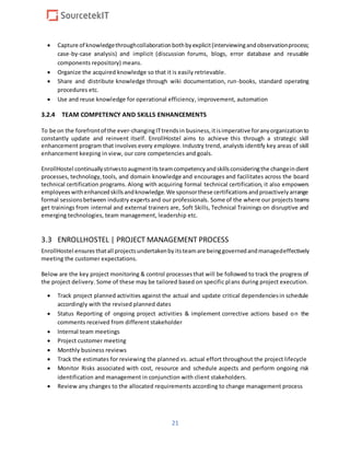 21
 Capture of knowledgethroughcollaborationbothbyexplicit(interviewingandobservationprocess;
case-by-case analysis) and implicit (discussion forums, blogs, error database and reusable
components repository) means.
 Organize the acquired knowledge so that it is easily retrievable.
 Share and distribute knowledge through wiki documentation, run-books, standard operating
procedures etc.
 Use and reuse knowledge for operational efficiency, improvement, automation
3.2.4 TEAM COMPETENCY AND SKILLS ENHANCEMENTS
To be on the forefrontof the ever-changingITtrends in business,itisimperative foranyorganizationto
constantly update and reinvent itself. EnrollHostel aims to achieve this through a strategic skill
enhancement program that involves every employee. Industry trend, analysts identify key areas of skill
enhancement keeping in view, our core competencies and goals.
EnrollHostel continuallystrivestoaugmentitsteamcompetencyandskillsconsideringthe changeinclient
processes, technology,tools, and domain knowledge and encourages and facilitates across the board
technical certification programs. Along with acquiring formal technical certification, it also empowers
employeeswithenhancedskillsandknowledge.We sponsorthese certificationsandproactivelyarrange
formal sessionsbetween industry expertsand our professionals. Some of the where our projects teams
get trainings from internal and external trainers are, Soft Skills, Technical Trainings on disruptive and
emerging technologies, team management, leadership etc.
3.3 ENROLLHOSTEL | PROJECT MANAGEMENT PROCESS
EnrollHostel ensuresthatall projectsundertakenby itsteamare beinggovernedandmanagedeffectively
meeting the customer expectations.
Below are the key project monitoring & control processesthat will be followed to track the progress of
the project delivery. Some of these may be tailored based on specific plans during project execution.
 Track project planned activities against the actual and update critical dependenciesin schedule
accordingly with the revised planned dates
 Status Reporting of ongoing project activities & implement corrective actions based on the
comments received from different stakeholder
 Internal team meetings
 Project customer meeting
 Monthly business reviews
 Track the estimates for reviewing the planned vs. actual effort throughout the project lifecycle
 Monitor Risks associated with cost, resource and schedule aspects and perform ongoing risk
identification and management in conjunction with client stakeholders.
 Review any changes to the allocated requirements according to change management process
 