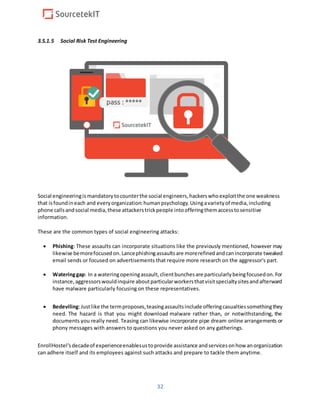 32
3.5.1.5 Social Risk Test Engineering
Social engineeringismandatorytocounterthe social engineers,hackerswhoexploitthe one weakness
that isfoundineach and everyorganization:humanpsychology.Usingavarietyof media,including
phone callsandsocial media,these attackerstrickpeople intoofferingthemaccesstosensitive
information.
These are the common types of social engineering attacks:
 Phishing: These assaults can incorporate situations like the previously mentioned, however may
likewise bemorefocusedon.Lancephishingassaultsare morerefinedandcanincorporate tweaked
email sends or focused on advertisements that require more research on the aggressor's part.
 Wateringgap: In a wateringopeningassault,clientbunchesare particularlybeingfocusedon.For
instance,aggressorswouldinquire aboutparticularworkersthatvisitspecialtysitesandafterward
have malware particularly focusing on these representatives.
 Bedeviling:Justlike the termproposes,teasingassaultsinclude offeringcasualtiessomethingthey
need. The hazard is that you might download malware rather than, or notwithstanding, the
documents you really need. Teasing can likewise incorporate pipe dream online arrangements or
phony messages with answers to questions you never asked on any gatherings.
EnrollHostel’sdecadeof experienceenablesustoprovide assistance andservicesonhow anorganization
can adhere itself and its employees against such attacks and prepare to tackle them anytime.
 