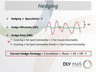 Hedging
 Hedging ≠ Speculation !!

 Hedge-Effectivity (HE):
 Hedge-Ratio (HR):
Or

 Covering 1 Ton Spot Commodity = 1 Ton Future Commodity

 Covering 1 Ton Spot Commodity (Feed) ≠ 1 Ton Future Commodity

Correct Hedge-Strategy = Correlation + ‘Basis’ + HE + HR !!

HE

 