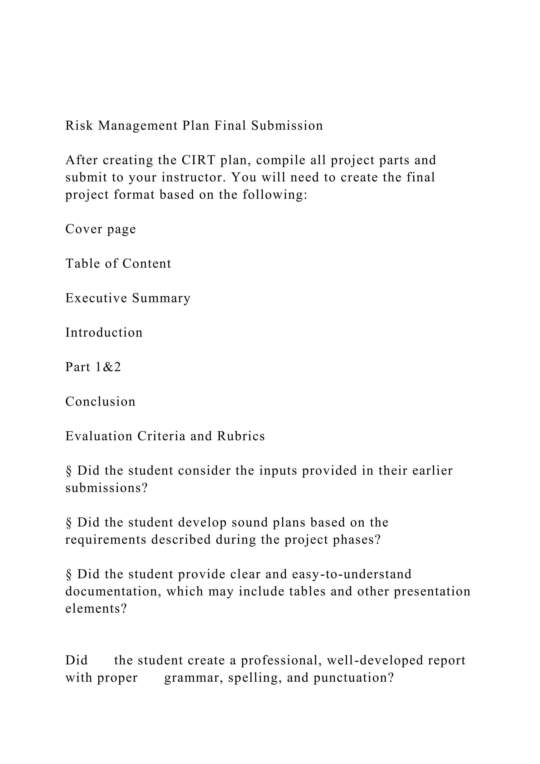 Final Risk Management Risk Management Plan Final SubmissionAfter creating the CIRT.docx