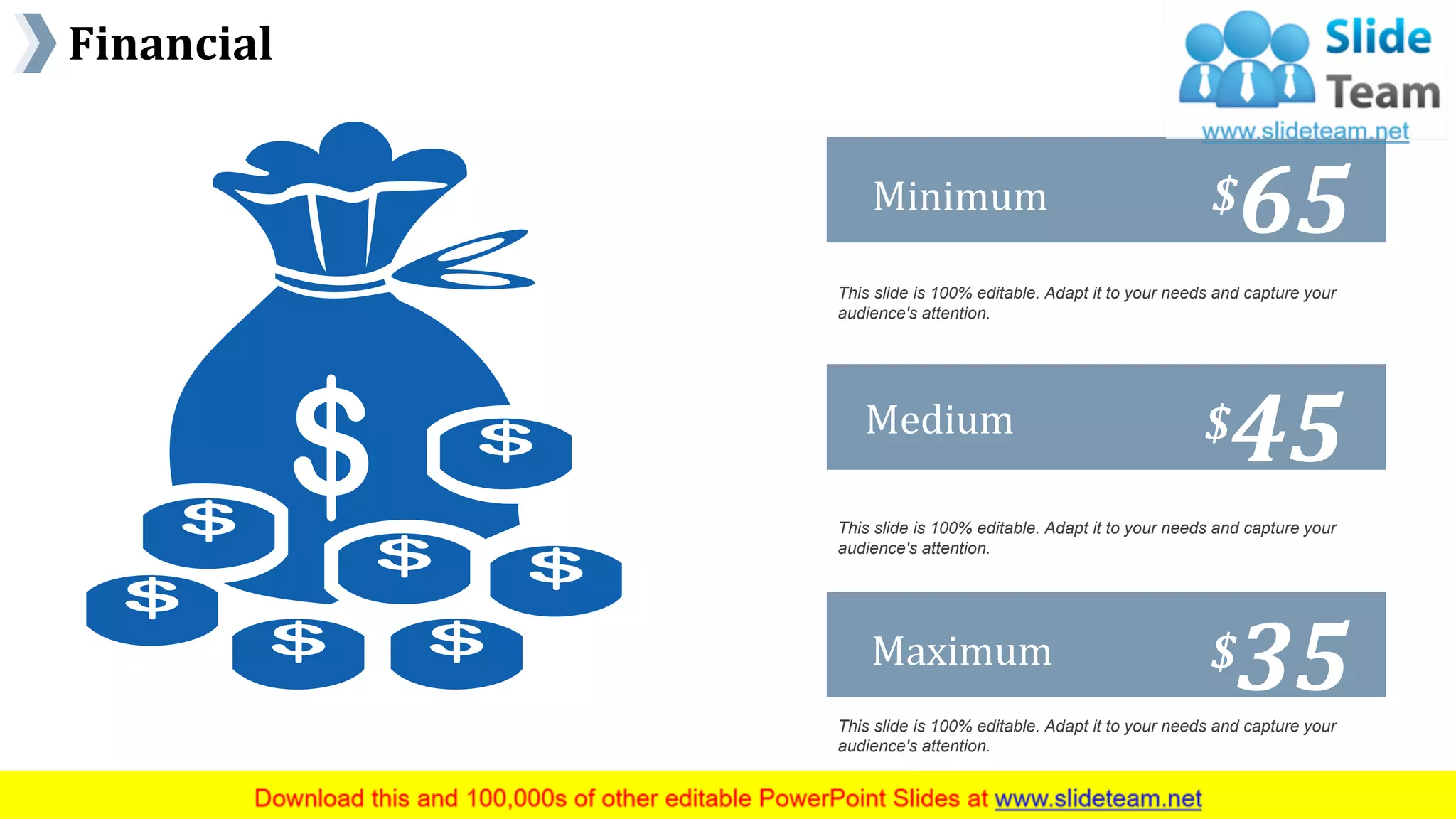 Financial
www.company name 45
Minimum $65
Medium $45
Maximum $35
This slide is 100% editable. Adapt it to your needs and capture your
audience's attention.
This slide is 100% editable. Adapt it to your needs and capture your
audience's attention.
This slide is 100% editable. Adapt it to your needs and capture your
audience's attention.
 