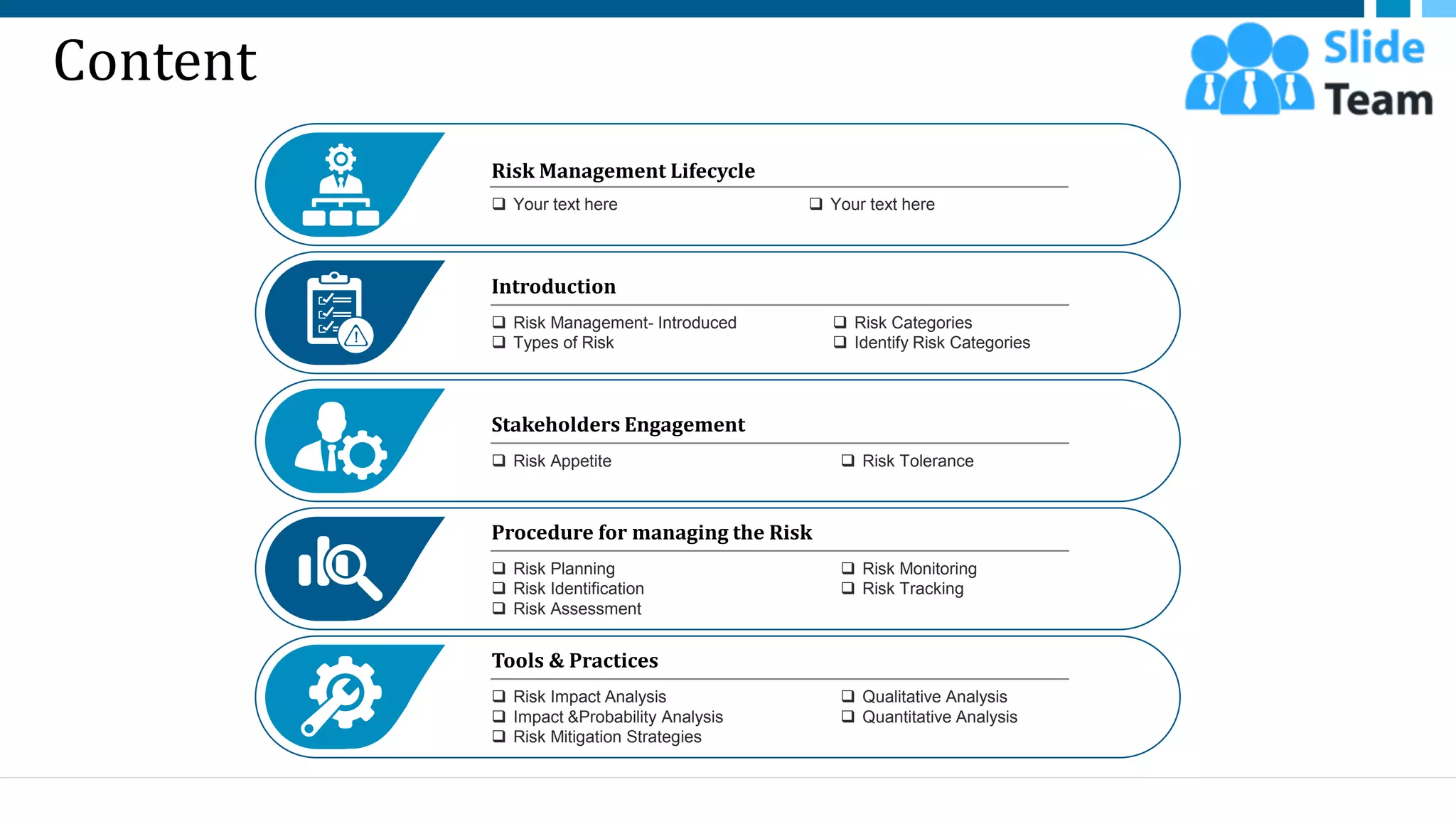 Content
Risk Management Lifecycle
❑ Your text here ❑ Your text here
Introduction
❑ Risk Management- Introduced
❑ Types of Risk
❑ Risk Categories
❑ Identify Risk Categories
Procedure for managing the Risk
❑ Risk Planning
❑ Risk Identification
❑ Risk Assessment
❑ Risk Monitoring
❑ Risk Tracking
Stakeholders Engagement
❑ Risk Appetite ❑ Risk Tolerance
Tools & Practices
❑ Risk Impact Analysis
❑ Impact &Probability Analysis
❑ Risk Mitigation Strategies
❑ Qualitative Analysis
❑ Quantitative Analysis
2
 