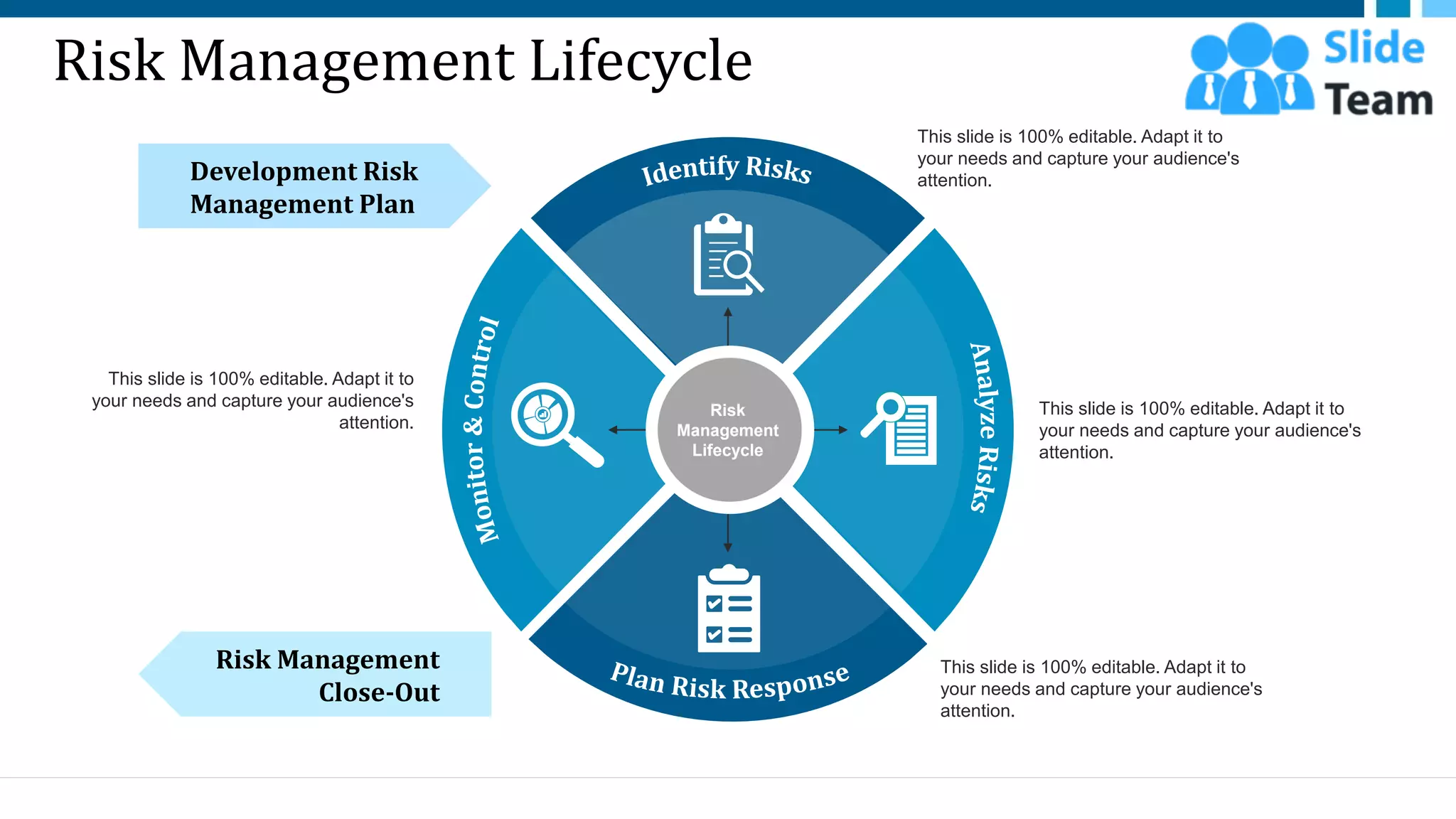 Risk Management Lifecycle
Risk
Management
Lifecycle
This slide is 100% editable. Adapt it to
your needs and capture your audience's
attention.
This slide is 100% editable. Adapt it to
your needs and capture your audience's
attention.
This slide is 100% editable. Adapt it to
your needs and capture your audience's
attention.
This slide is 100% editable. Adapt it to
your needs and capture your audience's
attention.
Development Risk
Management Plan
Risk Management
Close-Out
3
 