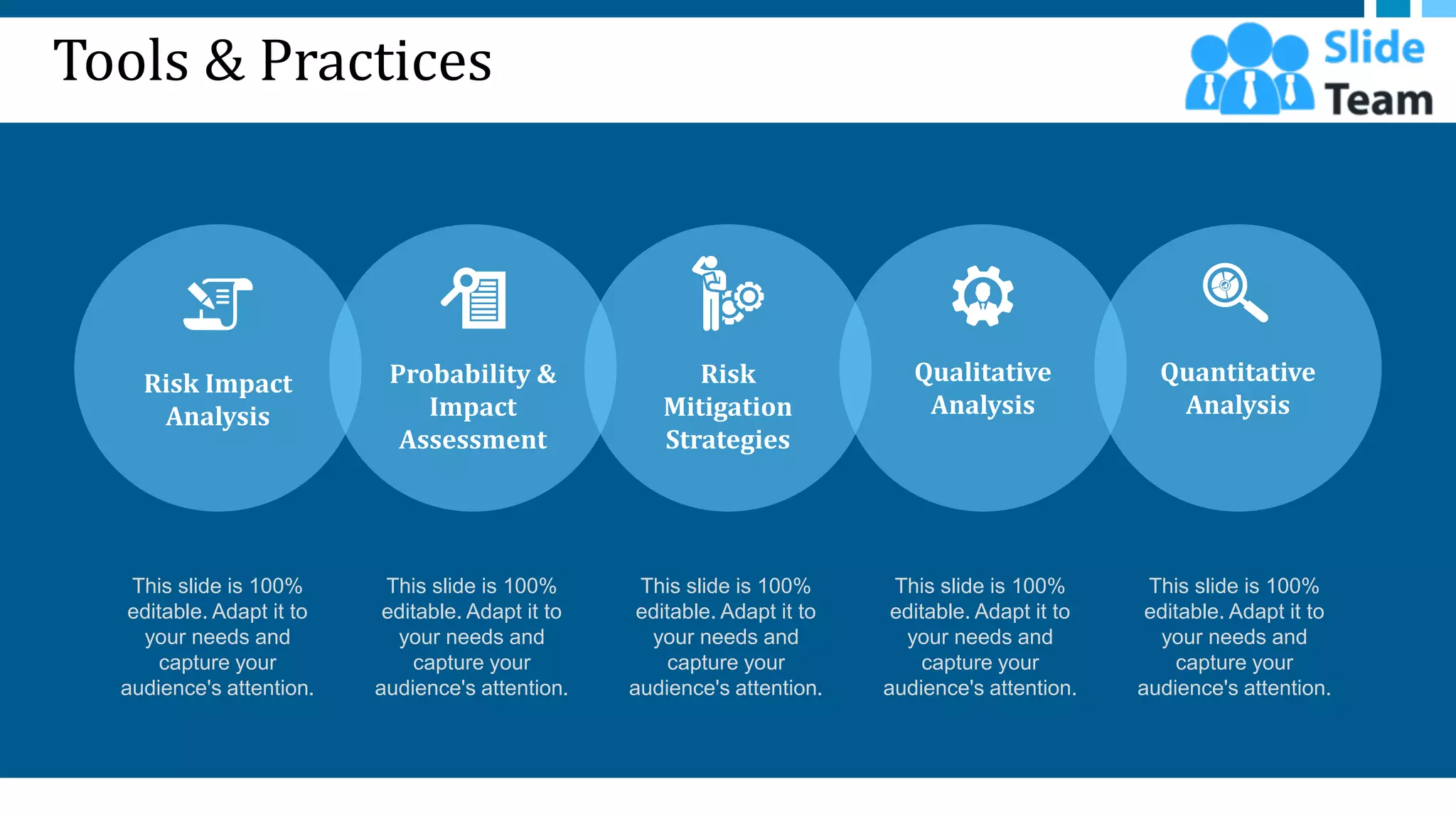 Tools & Practices
30
Risk Impact
Analysis
Probability &
Impact
Assessment
Risk
Mitigation
Strategies
Qualitative
Analysis
Quantitative
Analysis
This slide is 100%
editable. Adapt it to
your needs and
capture your
audience's attention.
This slide is 100%
editable. Adapt it to
your needs and
capture your
audience's attention.
This slide is 100%
editable. Adapt it to
your needs and
capture your
audience's attention.
This slide is 100%
editable. Adapt it to
your needs and
capture your
audience's attention.
This slide is 100%
editable. Adapt it to
your needs and
capture your
audience's attention.
 
