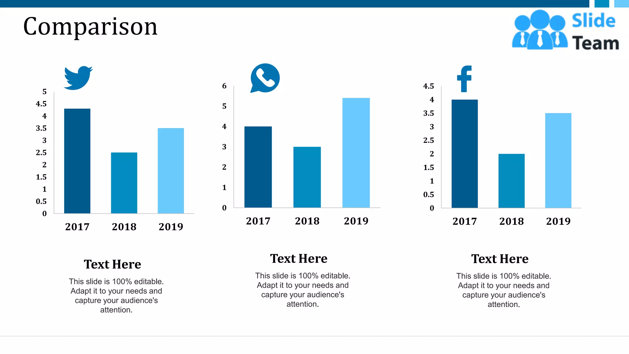 Comparison
0
1
2
3
4
5
6
2017 2018 2019
This slide is 100% editable.
Adapt it to your needs and
capture your audience's
attention.
Text Here
0
0.5
1
1.5
2
2.5
3
3.5
4
4.5
5
2017 2018 2019
This slide is 100% editable.
Adapt it to your needs and
capture your audience's
attention.
Text Here
0
0.5
1
1.5
2
2.5
3
3.5
4
4.5
2017 2018 2019
This slide is 100% editable.
Adapt it to your needs and
capture your audience's
attention.
Text Here
45
 