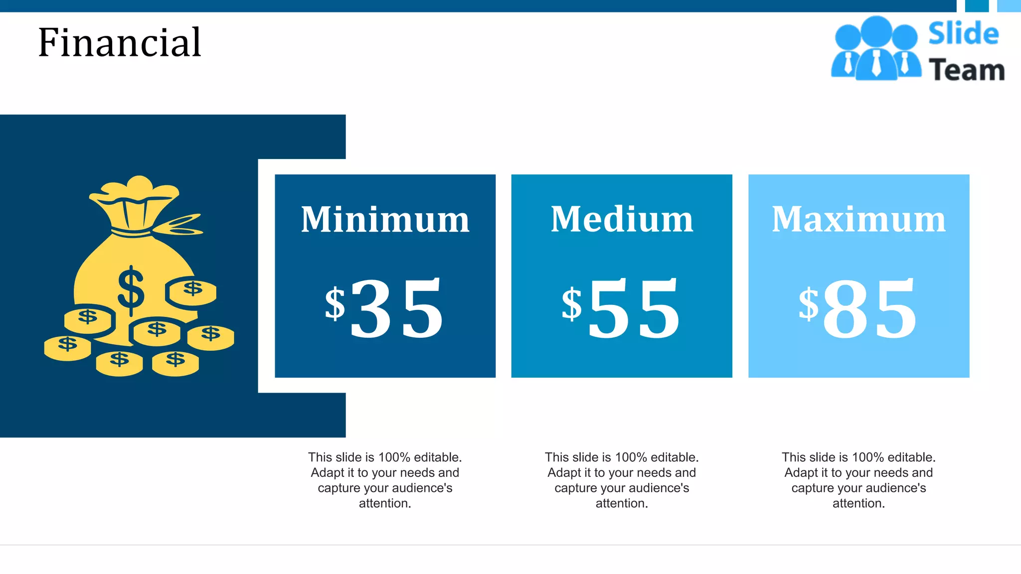 Financial
Minimum
$35
Medium
$55
Maximum
$85
This slide is 100% editable.
Adapt it to your needs and
capture your audience's
attention.
This slide is 100% editable.
Adapt it to your needs and
capture your audience's
attention.
This slide is 100% editable.
Adapt it to your needs and
capture your audience's
attention.
46
 