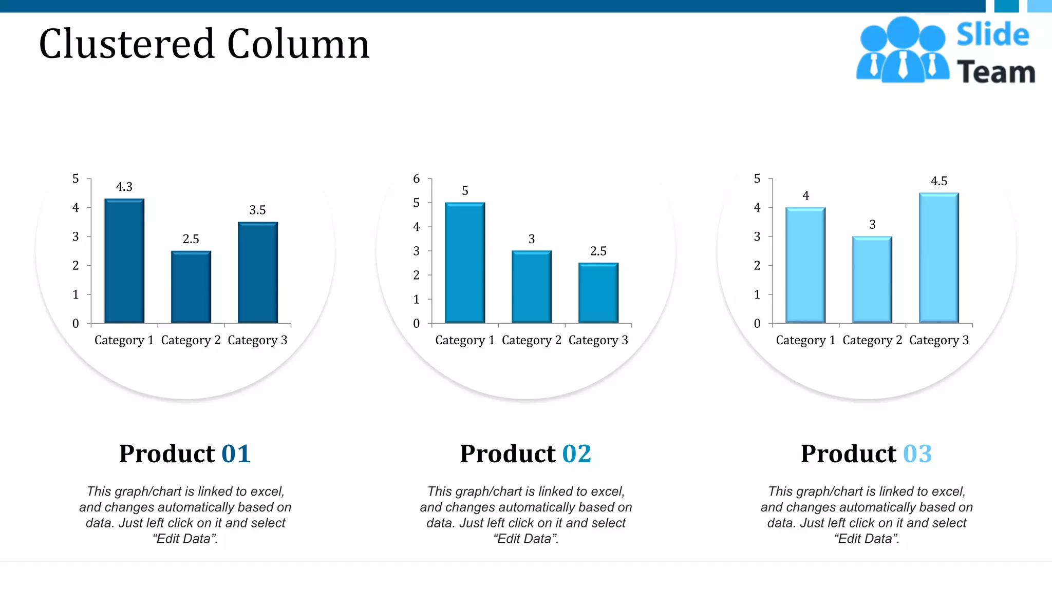 Clustered Column
4.3
2.5
3.5
0
1
2
3
4
5
Category 1 Category 2 Category 3
Product 01
This graph/chart is linked to excel,
and changes automatically based on
data. Just left click on it and select
“Edit Data”.
5
3
2.5
0
1
2
3
4
5
6
Category 1 Category 2 Category 3
Product 02
This graph/chart is linked to excel,
and changes automatically based on
data. Just left click on it and select
“Edit Data”.
4
3
4.5
0
1
2
3
4
5
Category 1 Category 2 Category 3
Product 03
This graph/chart is linked to excel,
and changes automatically based on
data. Just left click on it and select
“Edit Data”.
53
 