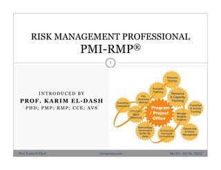 I N T R O D U C E D B Y
PROF. KARIM EL-DASH
P H D ; P M P ; R M P ; C C E ; A V S
RISK MANAGEMENT PROFESSIONAL
PMI-RMP®
06/10 - 10/10 /2012
1
Prof. Karim El-Dash www.projacs.com
 