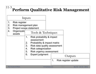 Perform Qualitative Risk Management
11-3
1. Risk register
2. Risk management plan
3. Project scope statement
4. Organizational process
assets
Inputs
1. Risk probability & impact
assessment
2. Probability & impact matrix
3. Risk data quality assessment
4. Risk categorization
5. Risk urgency assessment
6. Expert judgment
Tools & Techniques
1. Risk register update
Outputs
06/10 - 10/10 /2012101Prof. Karim El-Dash www.projacs.com
 