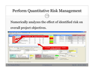 Perform Quantitative Risk Management
Numerically analyzes the effect of identified risk on
overall project objectives.
109
06/10 - 10/10 /2012Prof. Karim El-Dash www.projacs.com
 