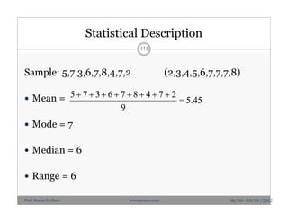 Statistical Description
Sample: 5,7,3,6,7,8,4,7,2 (2,3,4,5,6,7,7,7,8)
 Mean =
 Mode = 7
 Median = 6
 Range = 6
115
06/10 - 10/10 /2012
45.5
9
274876375


Prof. Karim El-Dash www.projacs.com
 