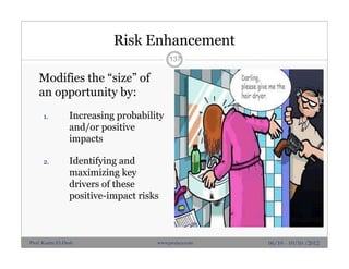 Risk Enhancement
Modifies the “size” of
an opportunity by:
1. Increasing probability
and/or positive
impacts
2. Identifying and
maximizing key
drivers of these
positive-impact risks
137
06/10 - 10/10 /2012Prof. Karim El-Dash www.projacs.com
 