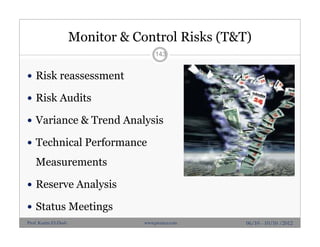 Monitor & Control Risks (T&T)
 Risk reassessment
 Risk Audits
 Variance & Trend Analysis
 Technical Performance
Measurements
 Reserve Analysis
 Status Meetings
143
06/10 - 10/10 /2012Prof. Karim El-Dash www.projacs.com
 