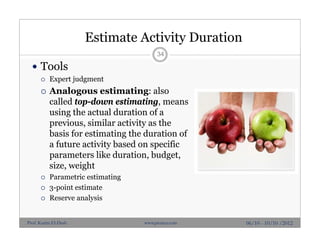 Estimate Activity Duration
 Tools
 Expert judgment
 Analogous estimating: also
called top-down estimating, means
using the actual duration of a
previous, similar activity as the
basis for estimating the duration of
a future activity based on specific
parameters like duration, budget,
size, weight
 Parametric estimating
 3-point estimate
 Reserve analysis
34
06/10 - 10/10 /2012Prof. Karim El-Dash www.projacs.com
 