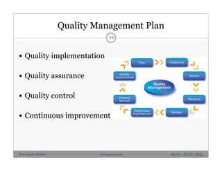 Quality Management Plan
 Quality implementation
 Quality assurance
 Quality control
 Continuous improvement
44
06/10 - 10/10 /2012Prof. Karim El-Dash www.projacs.com
 