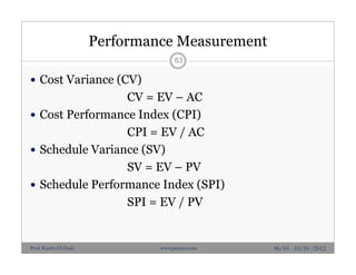 Performance Measurement
 Cost Variance (CV)
CV = EV – AC
 Cost Performance Index (CPI)
CPI = EV / AC
 Schedule Variance (SV)
SV = EV – PV
 Schedule Performance Index (SPI)
SPI = EV / PV
63
06/10 - 10/10 /2012Prof. Karim El-Dash www.projacs.com
 