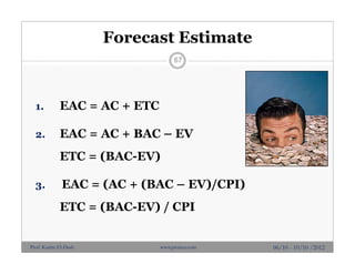 Forecast Estimate
1. EAC = AC + ETC
2. EAC = AC + BAC – EV
ETC = (BAC-EV)
3. EAC = (AC + (BAC – EV)/CPI)
ETC = (BAC-EV) / CPI
67
06/10 - 10/10 /2012Prof. Karim El-Dash www.projacs.com
 